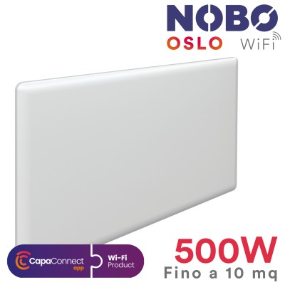 Radiatore elettrico norvegese NOBO OSLO WiFi 500W perfetto per ambienti fino a 10 m², riscaldamento uniforme ed ecologico.