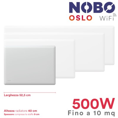 Radiatore elettrico norvegese NOBO OSLO WiFi 500W perfetto per ambienti fino a 10 m², riscaldamento uniforme ed ecologico.