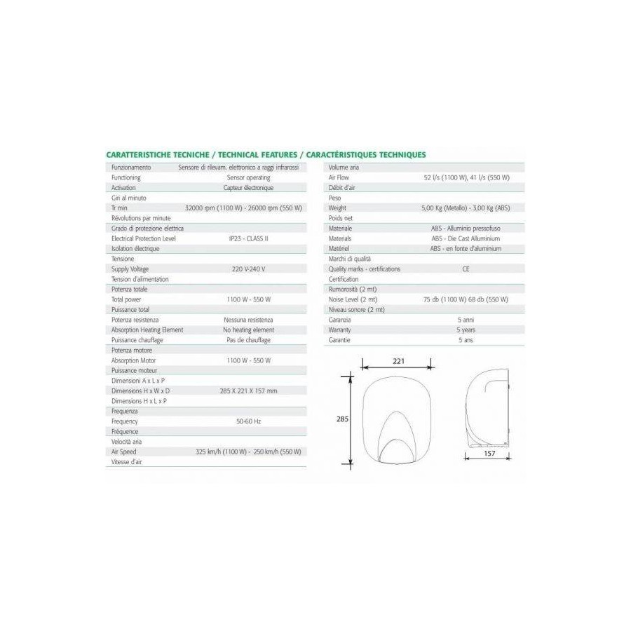 Asciugamani elettrico con sensore fotocellula 1100W ultra veloce